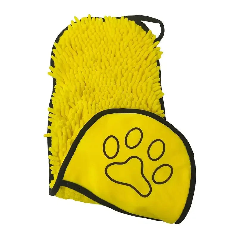 A bright yellow, textured pet bath towel with a black outline of a paw print.