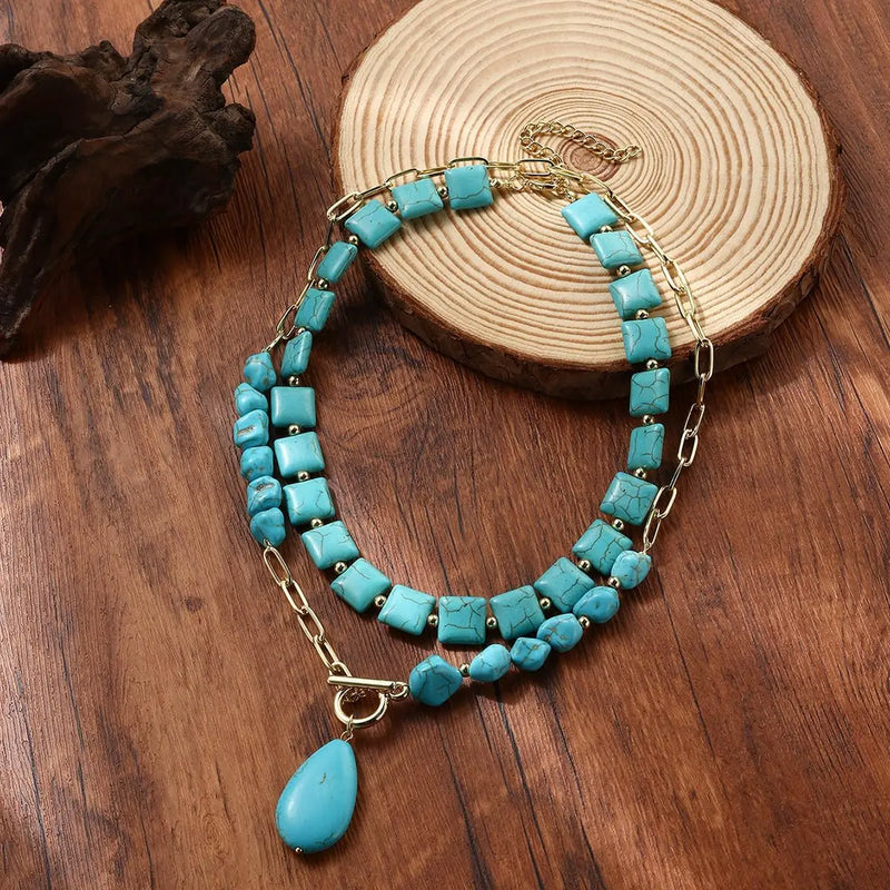 Boho Gold Turquoise Pendant Necklace