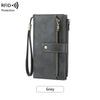 A grey women's RFID-blocking leather bi-fold wallet with a zip-around closure and wristlet strap.