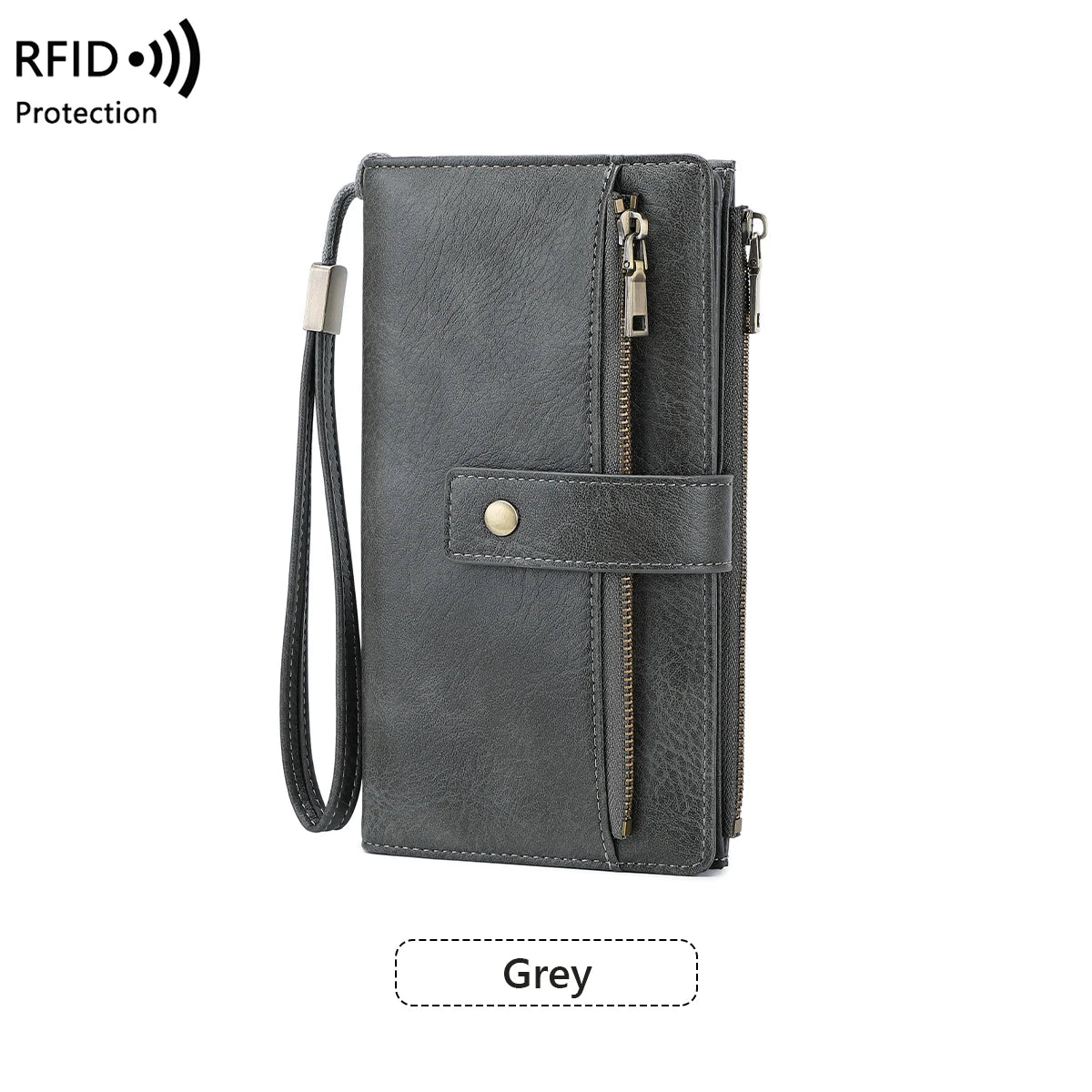 A grey women's RFID-blocking leather bi-fold wallet with a zip-around closure and wristlet strap.