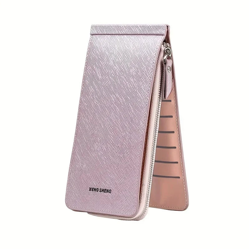 Pinkes schlankes Kunstleder-Multikarten-Wallet mit Reißverschluss und tanfarbenem Akzentpanel.