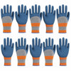 A set of blue gardening gloves with gray and orange grips for handling plants.