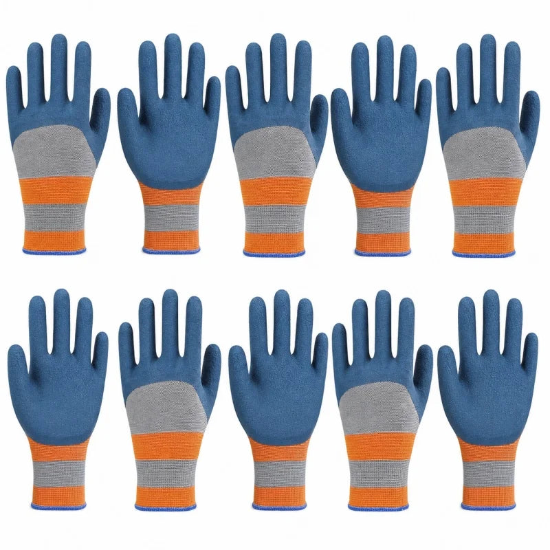 A set of blue gardening gloves with gray and orange grips for handling plants.