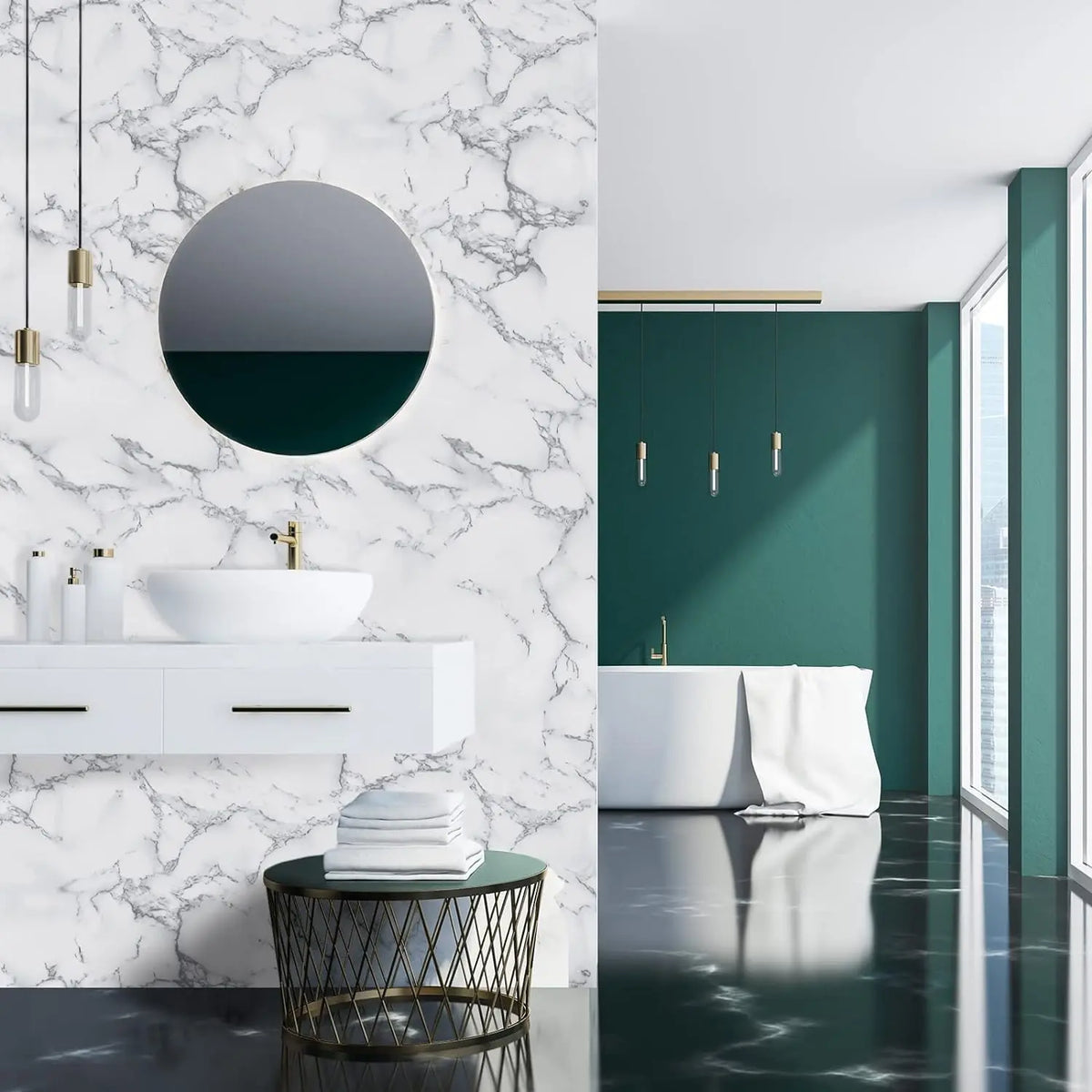 A modern bathroom vanity with a white vessel sink and marble-patterned wall tiles in a contemporary interior.