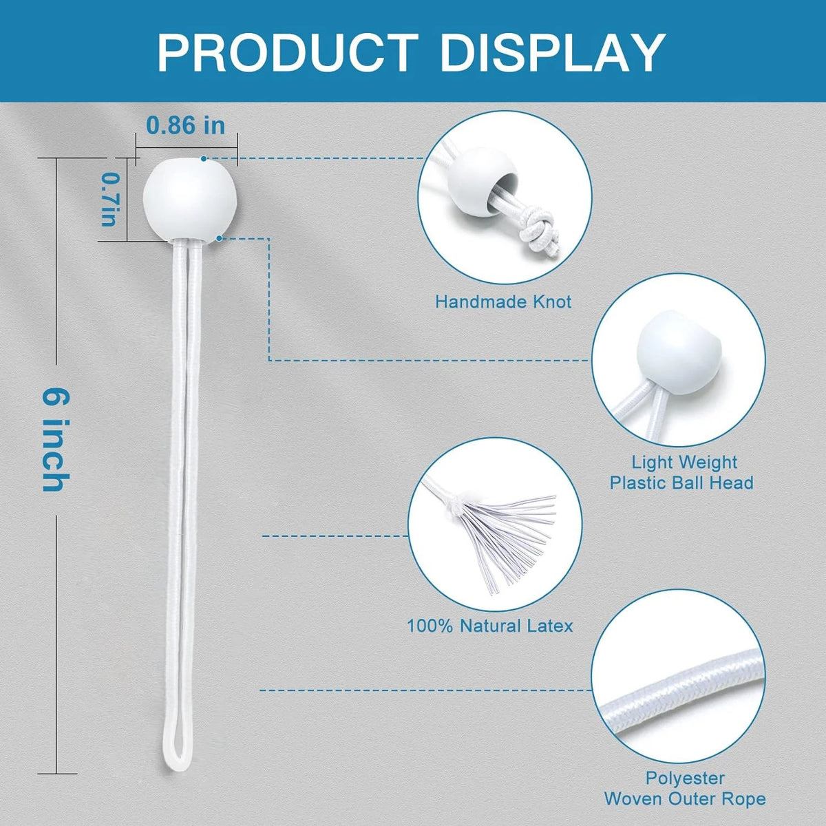 Display of a white bungee cord featuring a plastic ball head, natural latex, and polyester woven outer rope.