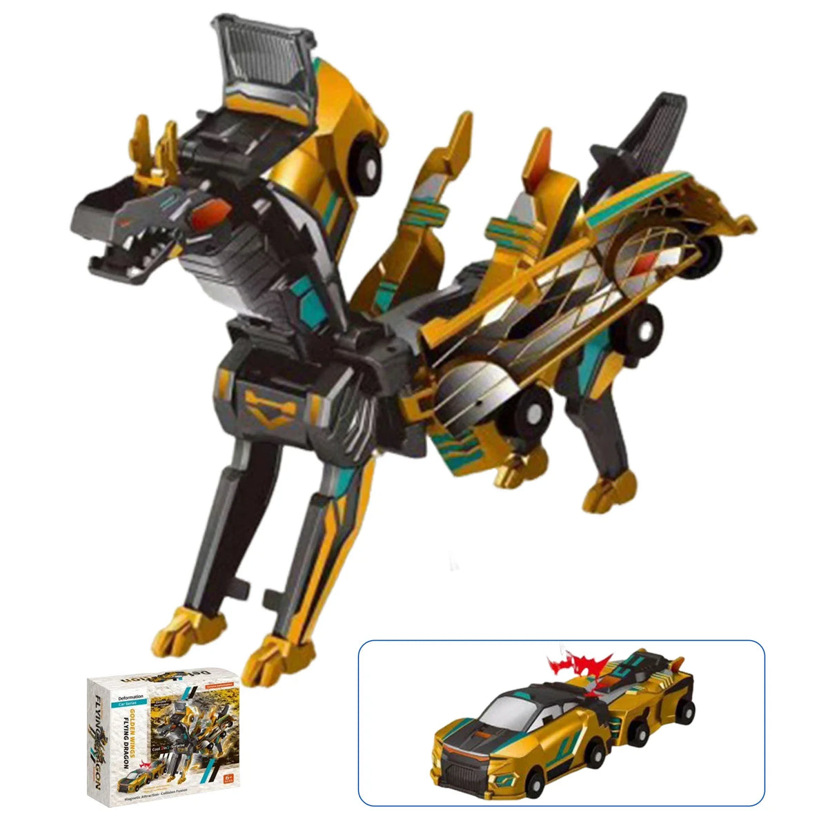 A black and gold unicorn transformable car toy figure with wings and a yellow car accessory.