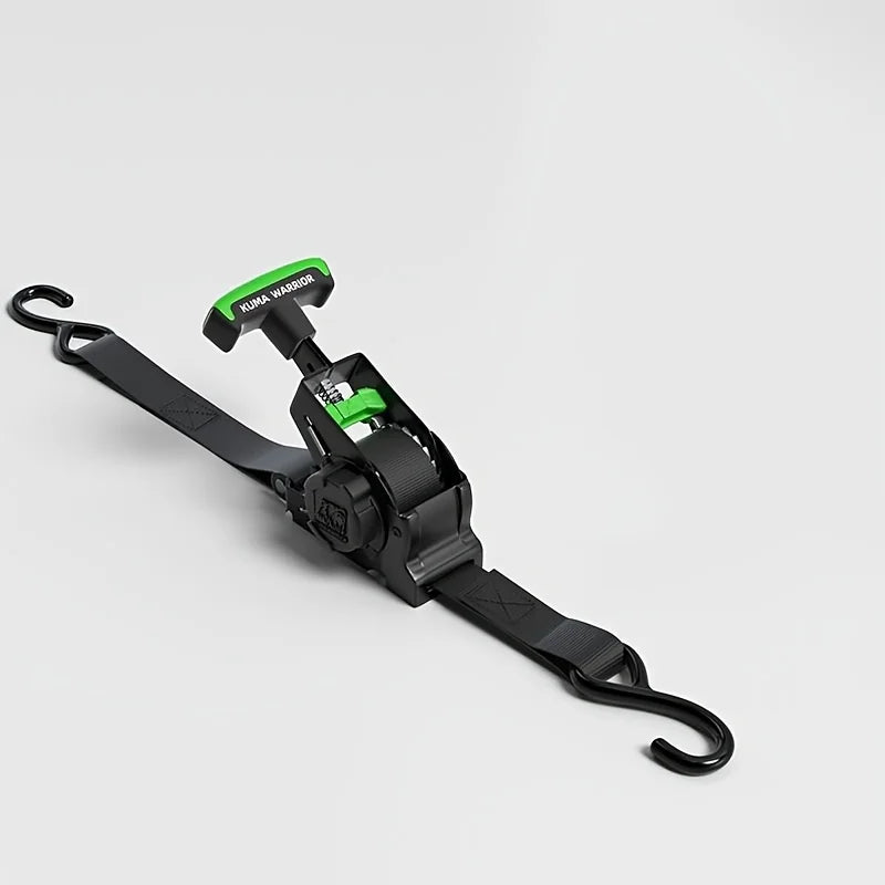 Black retractable ratchet tie-down straps with a green handle and auto-retract mechanism.