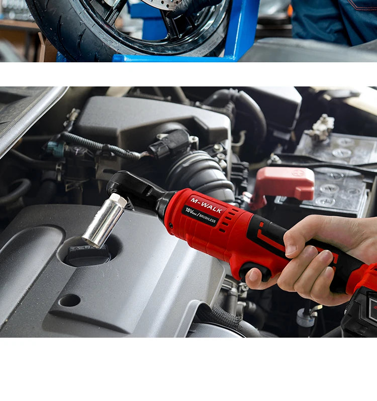 A hand holds an M-WALK cordless right angle ratchet wrench with a brushless motor, used to service a vehicle engine component