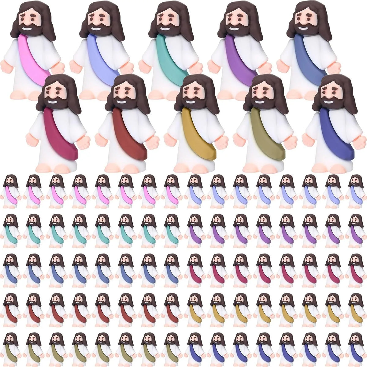 A collection of mini Jesus figurines in various colors, including pink, purple, green, and white, for Easter celebrations.