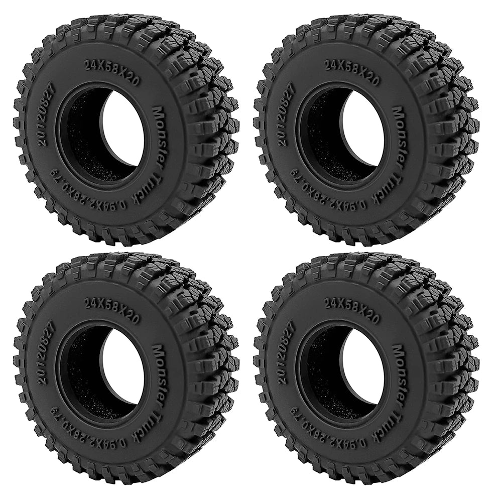 Four black monster truck tires for RC crawler cars