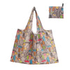 A reusable shopping tote bag featuring a pattern of various fruits and vegetables in earthy tones.