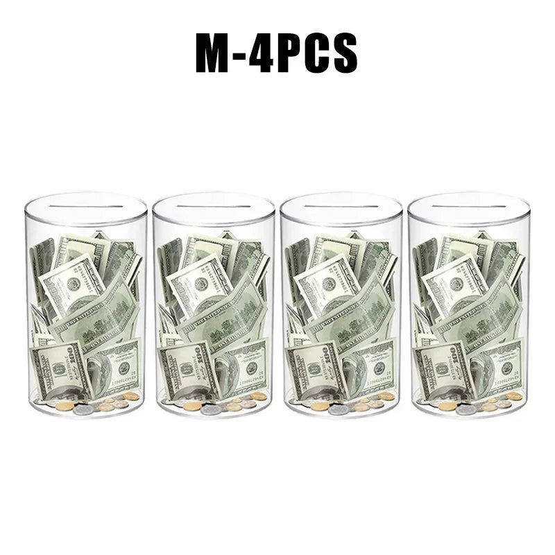Four clear acrylic piggy banks filled with US currency bills and coins.