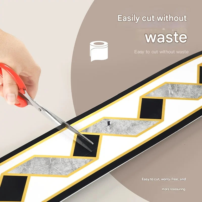 A hand uses a silver craft knife to cut a self-adhesive PVC wall trim featuring a geometric pattern.
