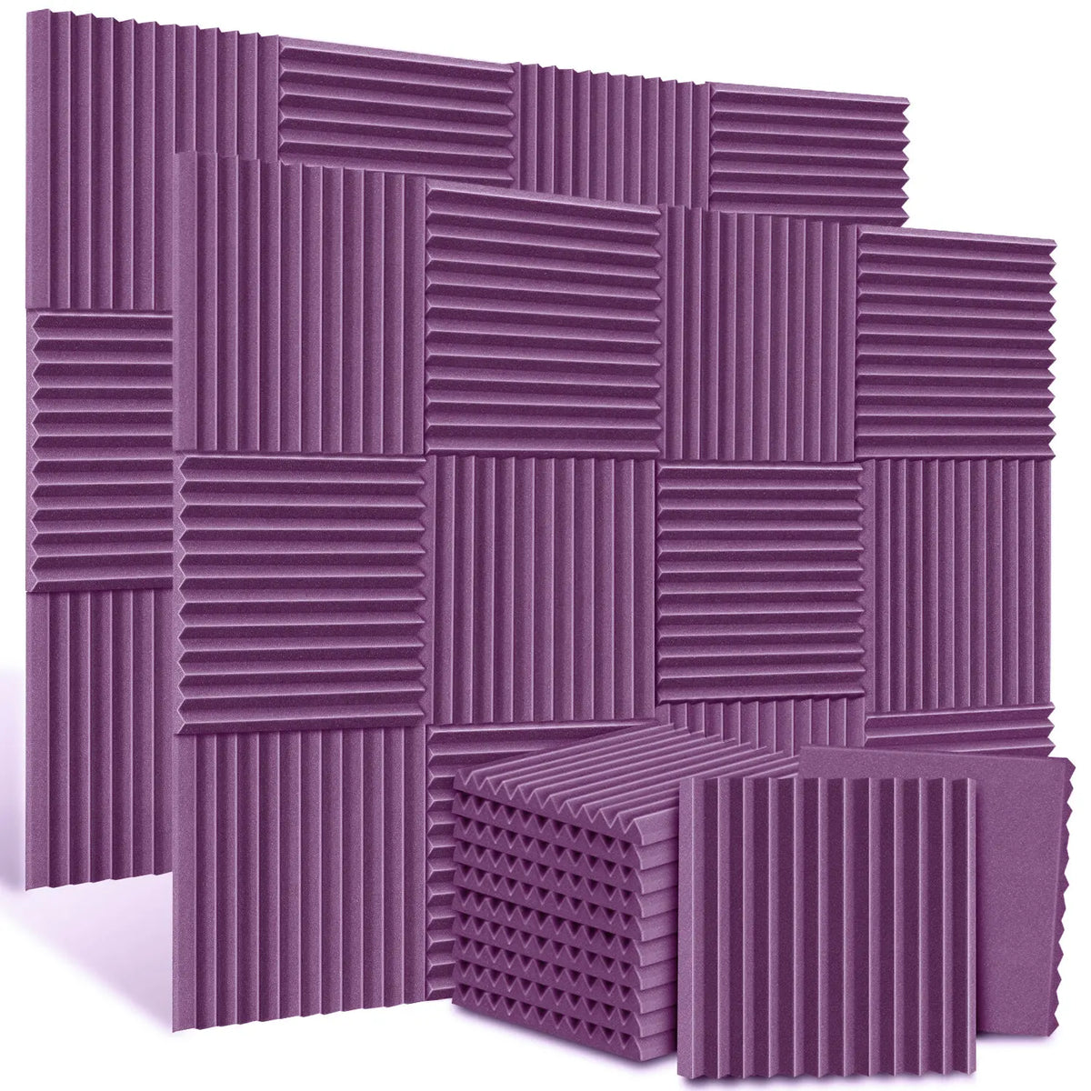 A pack of purple acoustic foam panels with vertical ribbed texture for soundproofing.