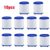 Ten white and blue faucet filter cartridges packaged together