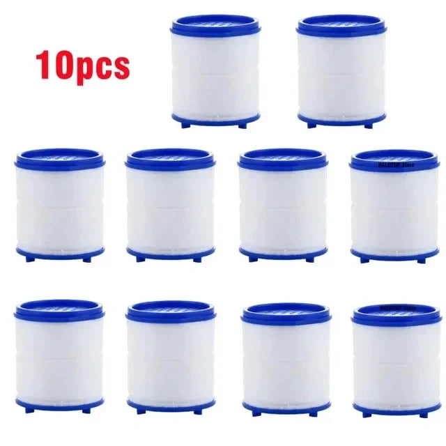 Ten white and blue faucet filter cartridges packaged together