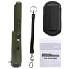 A green handheld metal detector with a black lanyard and a protective case is shown.