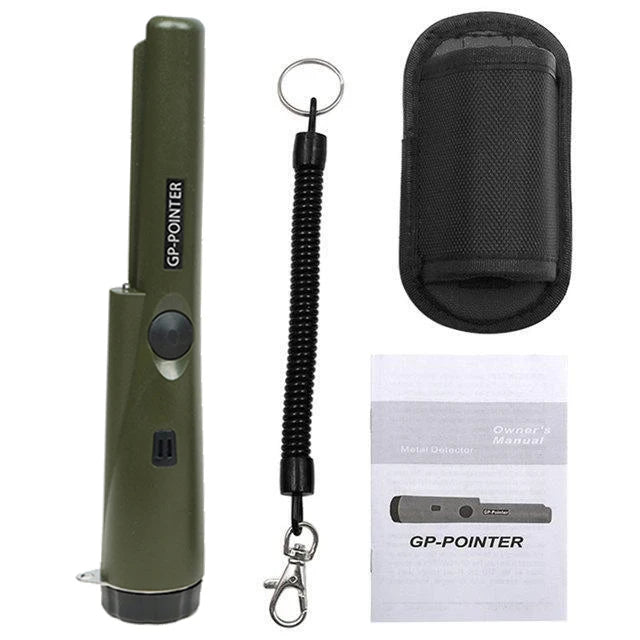 A green handheld metal detector with a black lanyard and a protective case is shown.