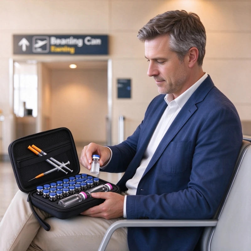 A man in a suit is preparing to use a portable EVA hard case for insulin and peptide vials.