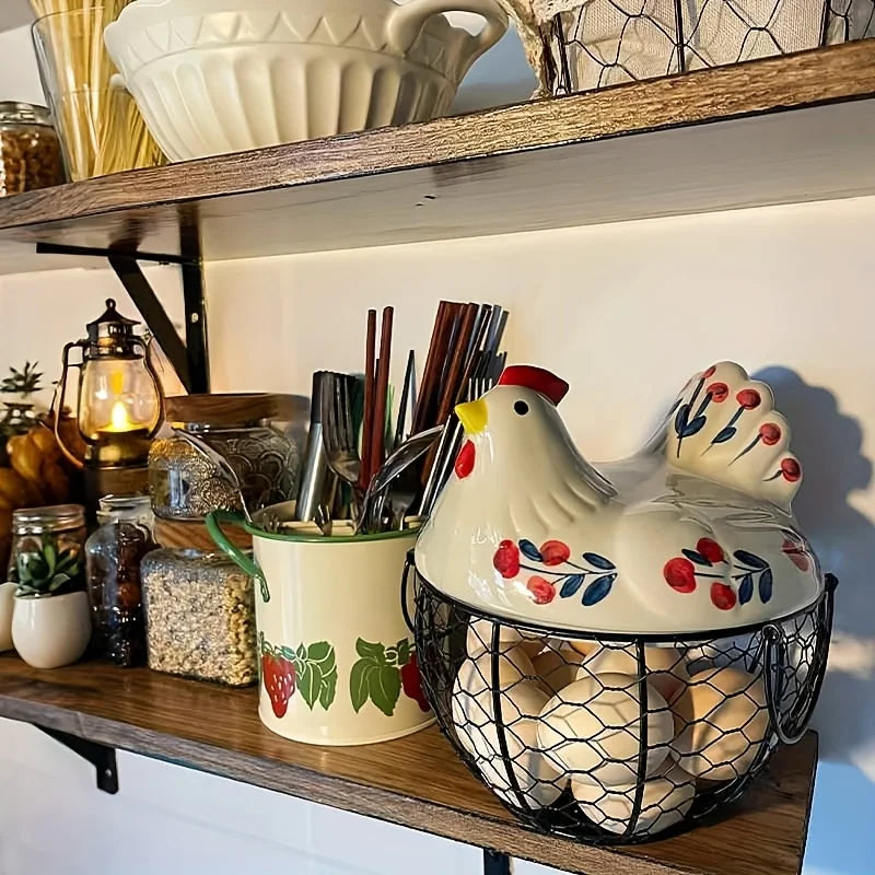 A rustic ceramic hen-shaped egg basket with a lid sits on a wooden shelf among various kitchen items.