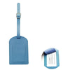 A light blue PU leather luggage tag with a silver clip and a rectangular shape.