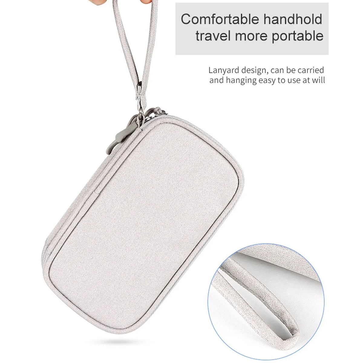 Silver waterproof nylon cable organizer travel case with a lanyard for portable storage