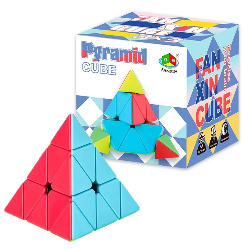 A pink and blue magnetic pyramid speed cube is shown next to its packaging box.