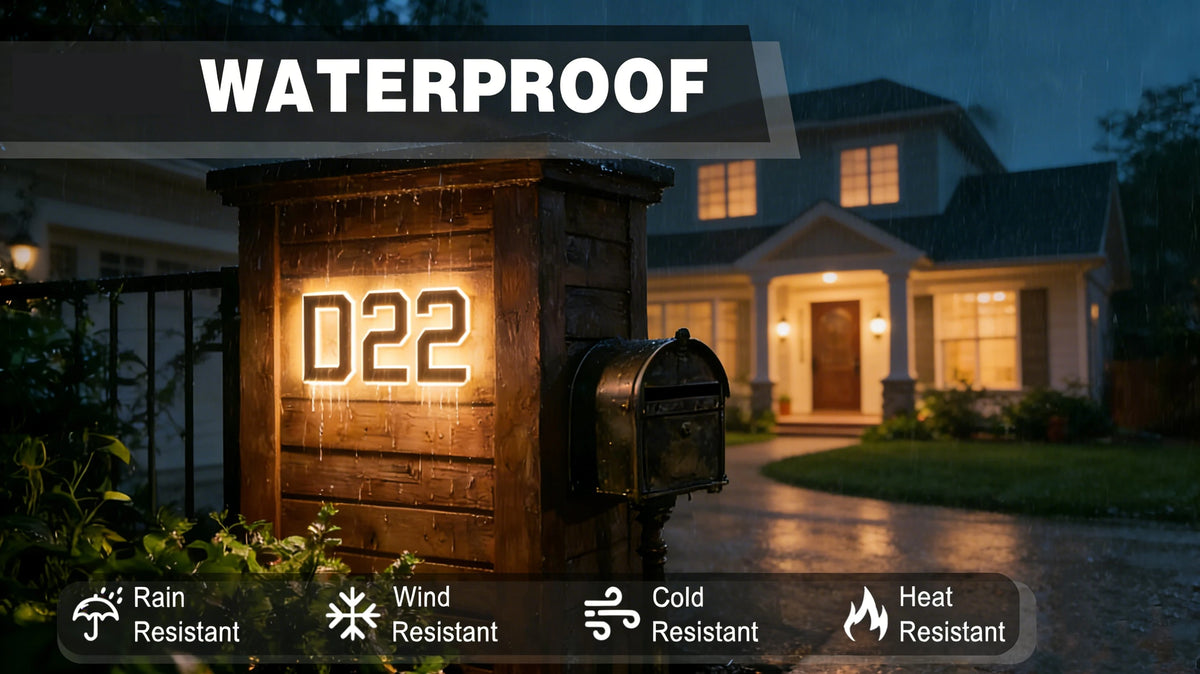 Número de casa solar iluminado e impermeable D22 montado en un poste de madera en un entorno residencial.