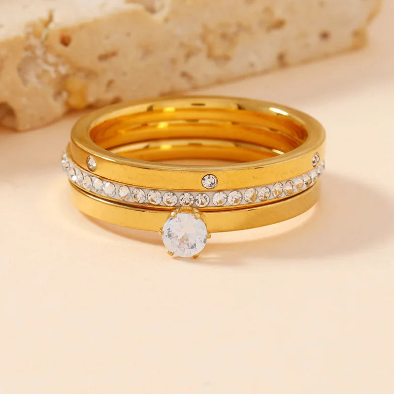 Three-Piece Stainless Steel Zircon Ring Set
