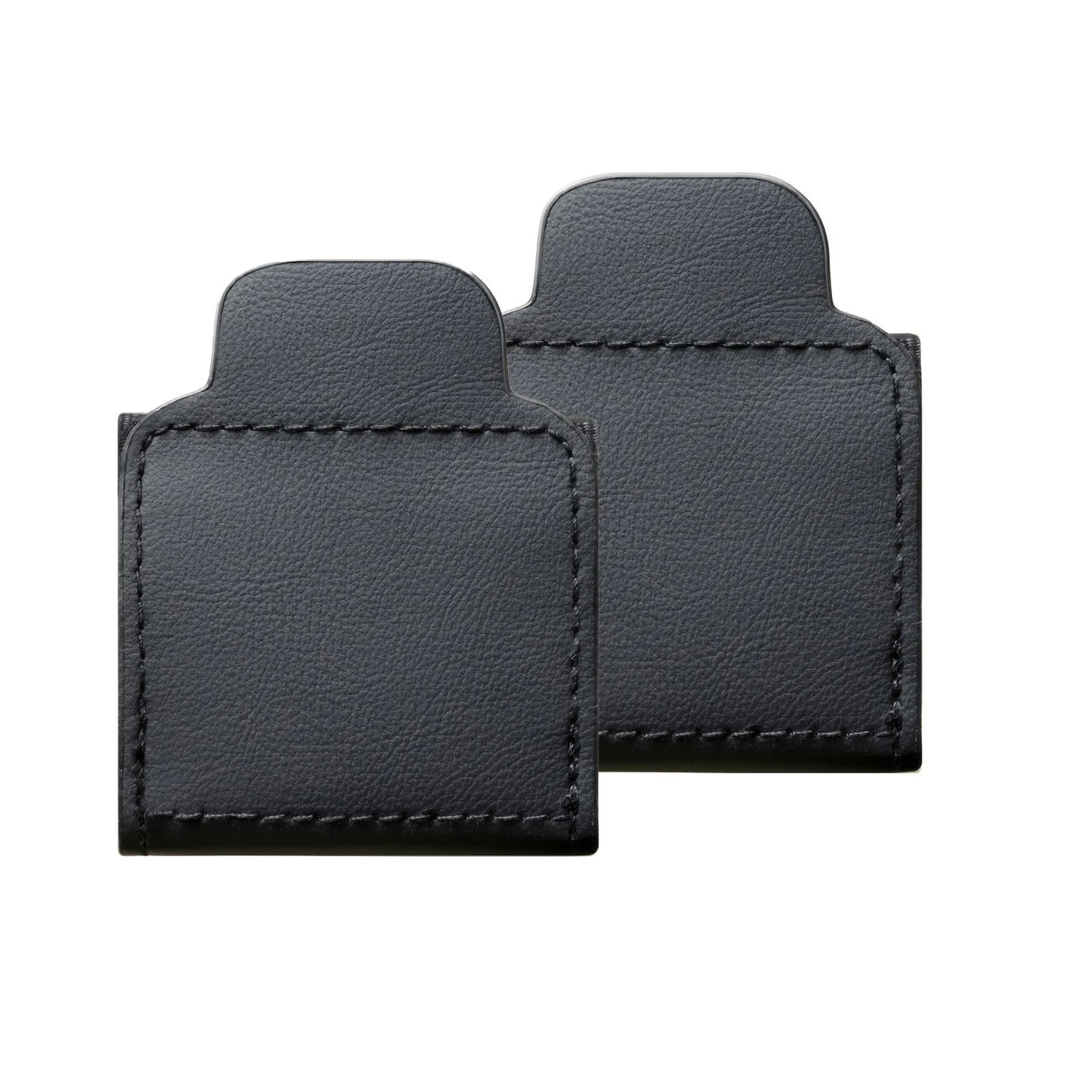 A black PU leather seat belt adjuster clip with a rectangular shape and stitched edges.