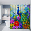 A vibrant floral shower curtain set featuring peonies, various flowers, and a peacock design in purple, green, and yellow ton