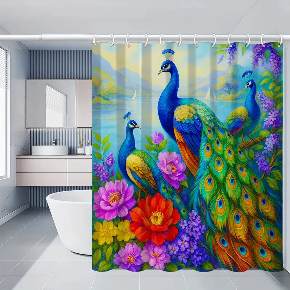 A vibrant floral shower curtain set featuring peonies, various flowers, and a peacock design in purple, green, and yellow ton