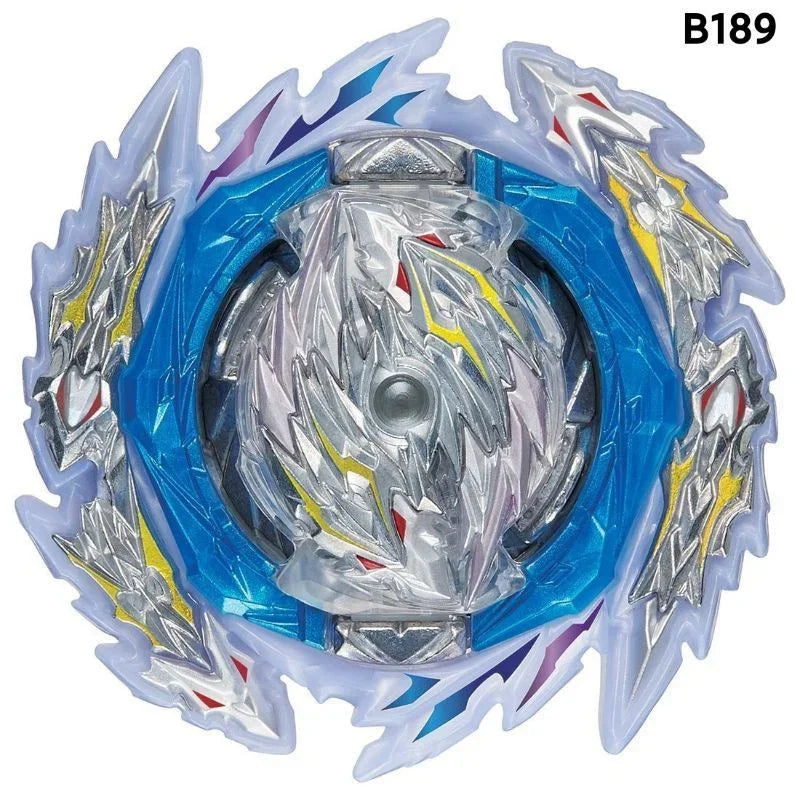 A battle spinning top featuring a silver metal construction encased in blue translucent plastic.