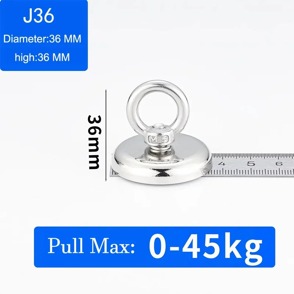 Silver fishing magnet with an eyebolt, measuring 36mm in diameter and height.