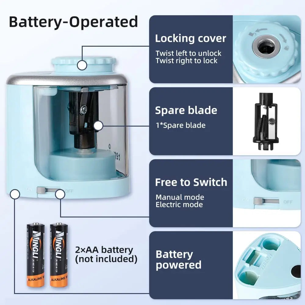 Electric Pencil Sharpener – Battery-Powered, Safe for Kids & Artists