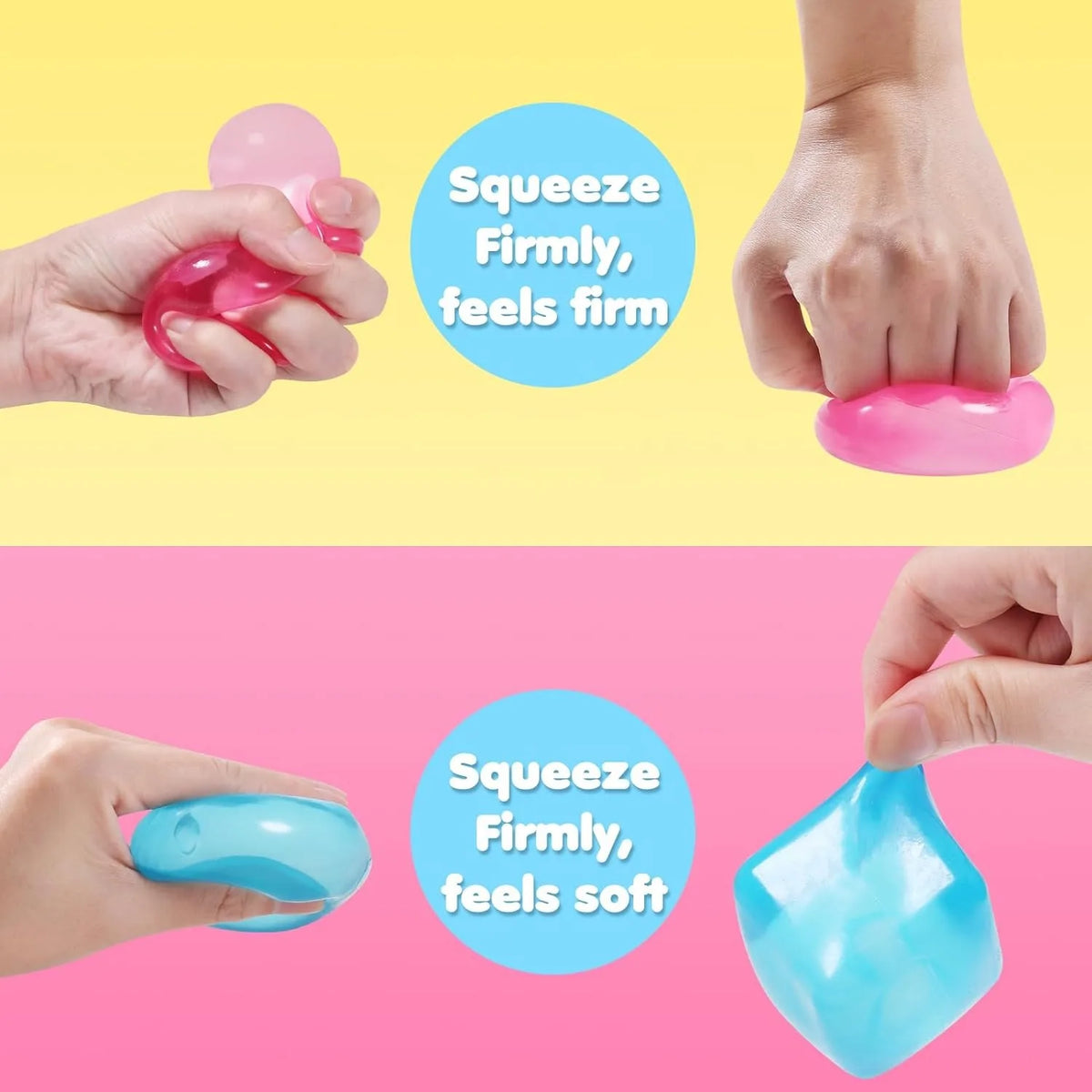 Hands squeezing a pink firm squishy ball and a blue soft squishy ice cube fidget toy set