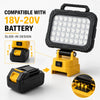A black and yellow portable LED work light with a slide-in design shown alongside its battery and charging port.
