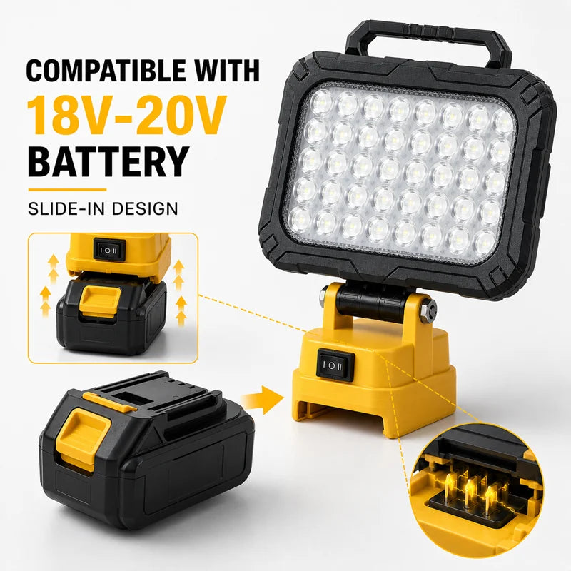 A black and yellow portable LED work light with a slide-in design shown alongside its battery and charging port.