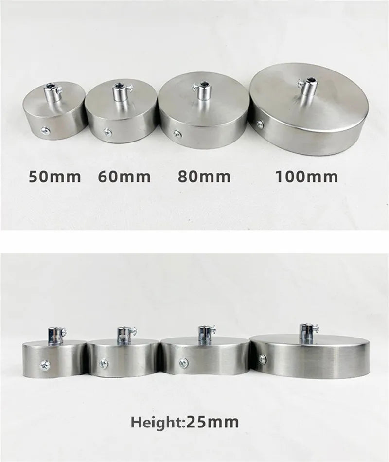 A set of polished stainless steel ceiling mount canopies with diameters ranging from 50mm to 100mm and a height of 25mm.