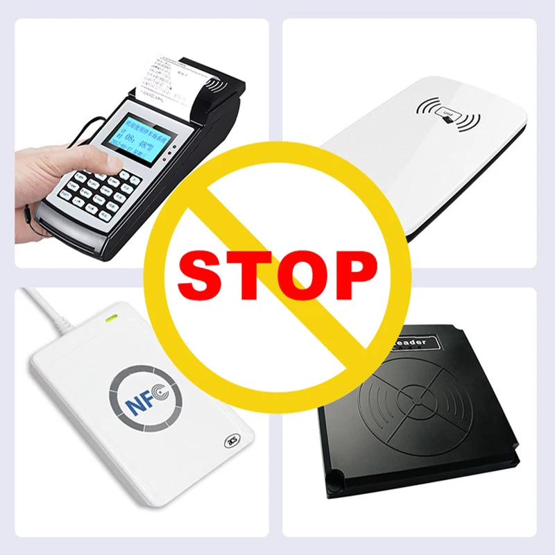 A set of RFID and NFC blocking card sleeves shown with a device, a card, and a reader.