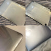 A clear hard shell case for a MacBook Air is shown from multiple angles on a striped surface.