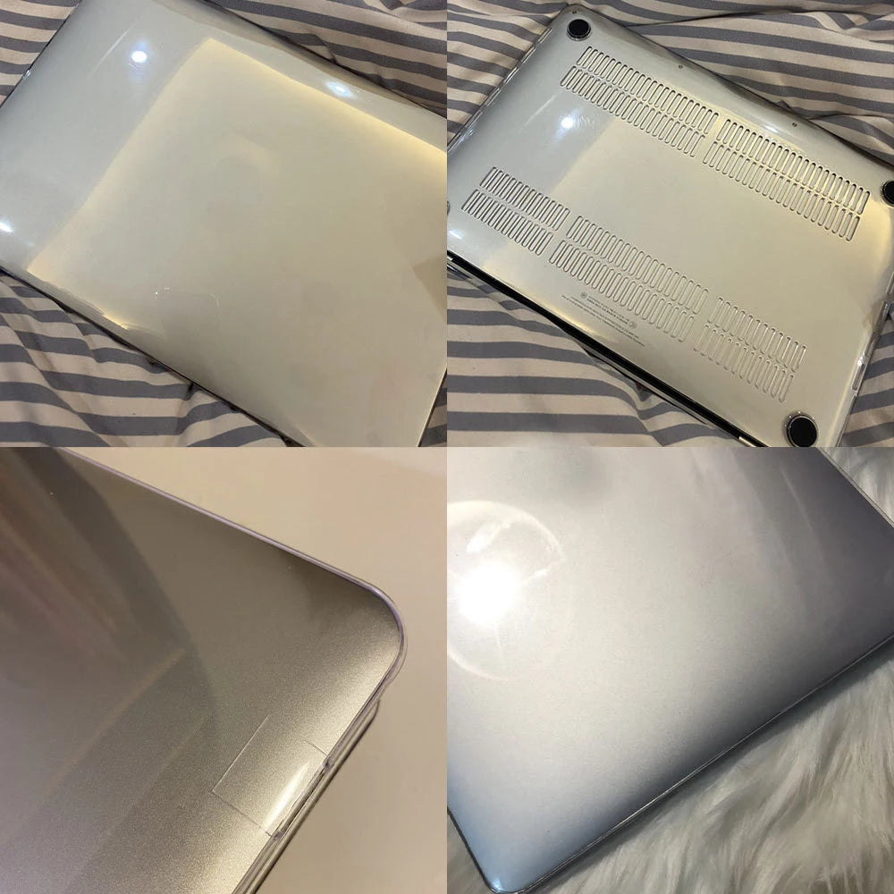 A clear hard shell case for a MacBook Air is shown from multiple angles on a striped surface.