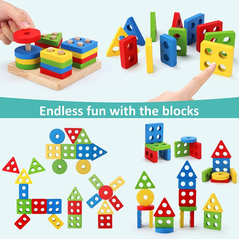 A collection of colorful wooden blocks, puzzles, and stacking toys for toddlers and young children.