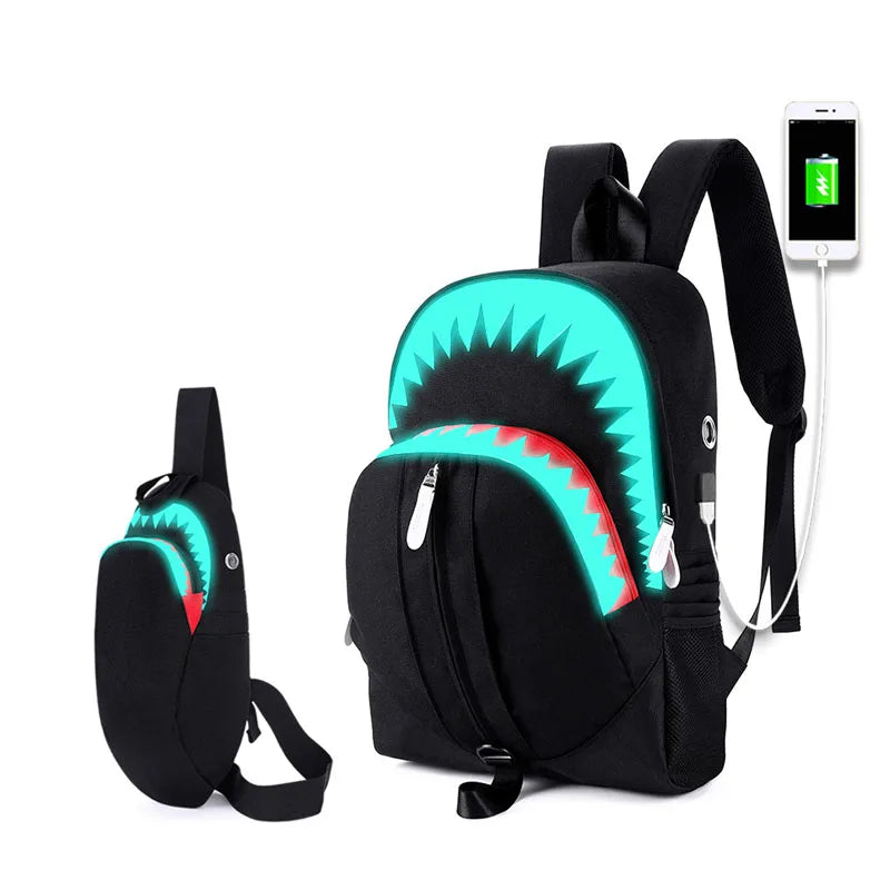 Shark Luminous USB Backpack with Anti-Theft Design