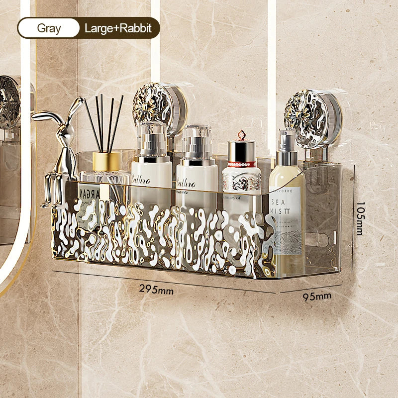 A wall-mounted storage basket with a gold and silver water ripple design holding various bottles and tools.