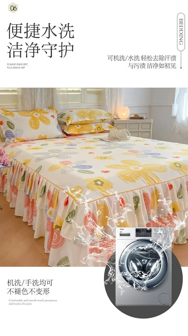 Floral Bed Skirt Set with Anti-Slip Mattress Cover