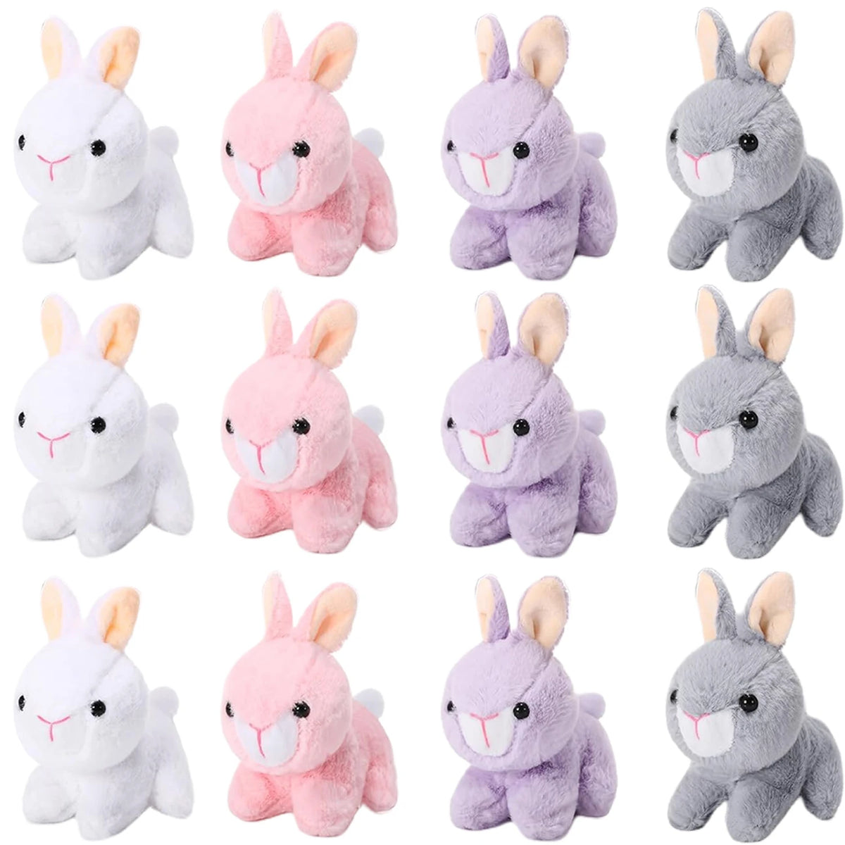 A collection of twelve soft plush bunny toys in various shades of white, pink, lavender, and gray.