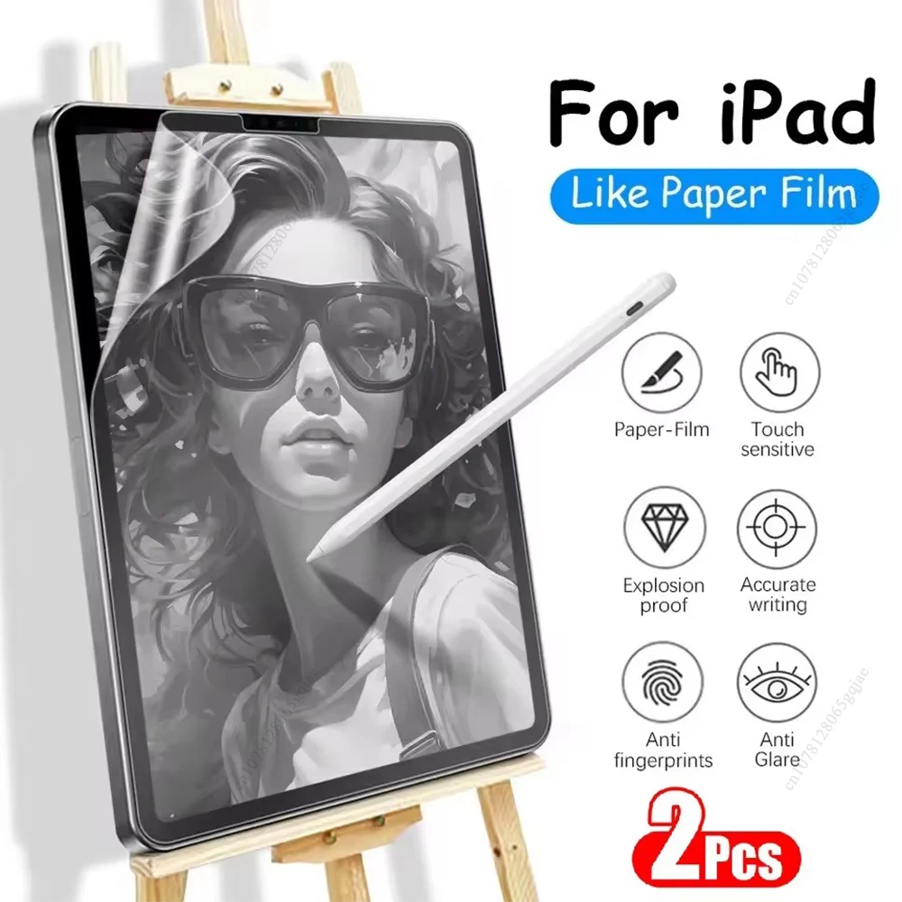 A close-up of an iPad screen protector like paper film is shown with features such as touch sensitivity and explosion proofin