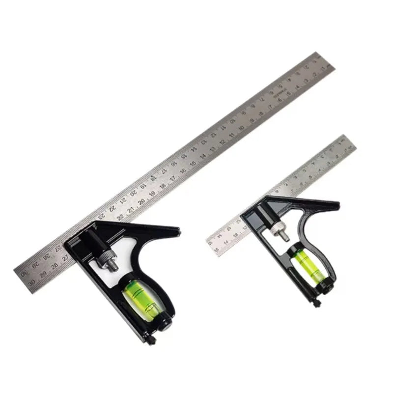 Adjustable combination square and spirit level set made of stainless steel and aluminum
