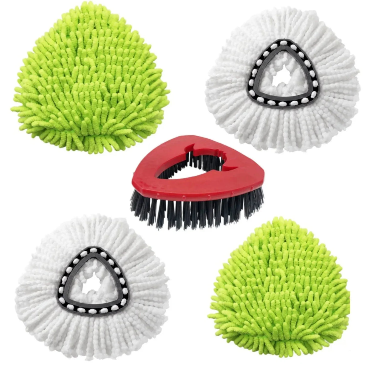 Set of replacement spin mop heads including a green textured head, a white textured head with a scrubber, and a red bristled 